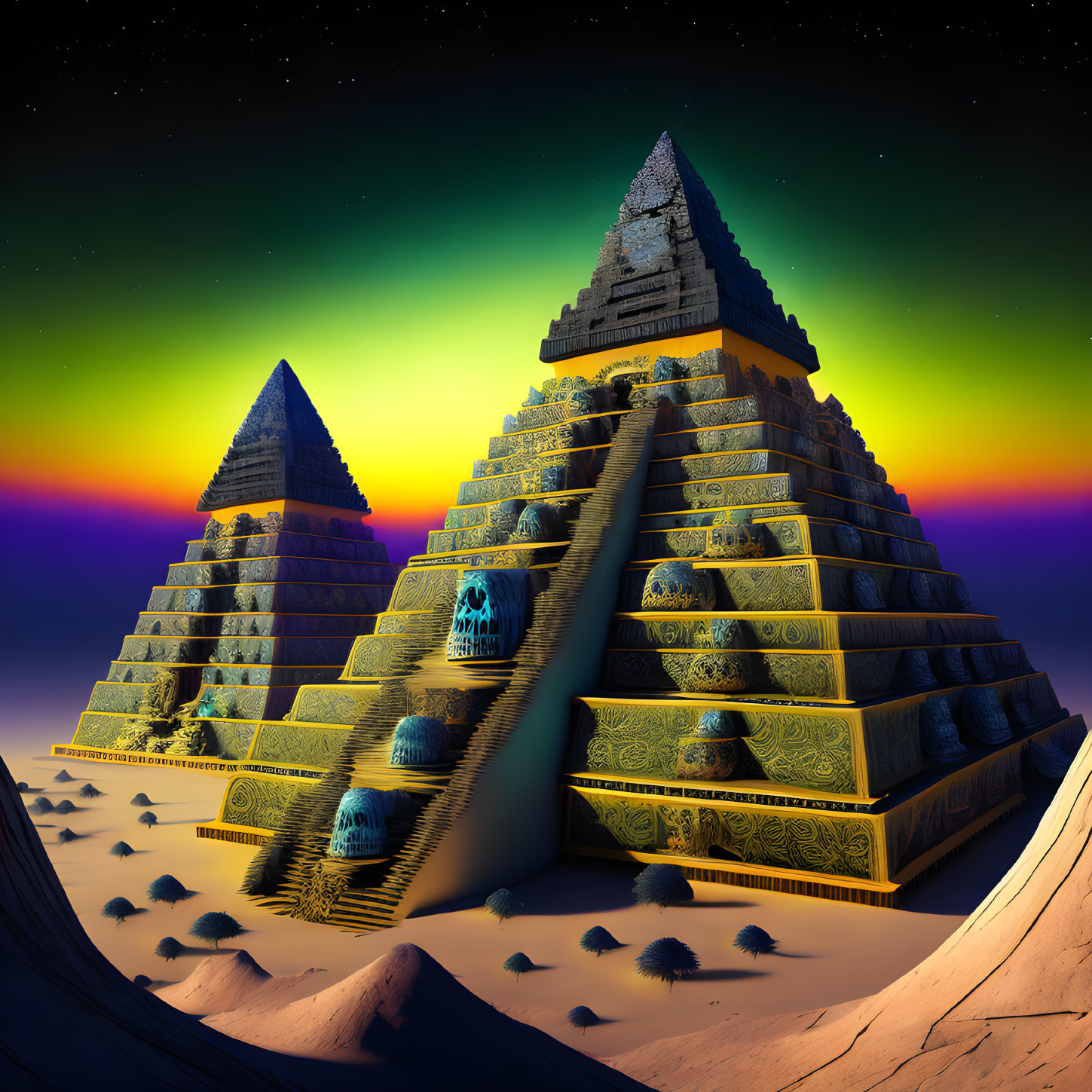 Ancient golden pyramids under starry sky with aurora colors in desert landscape