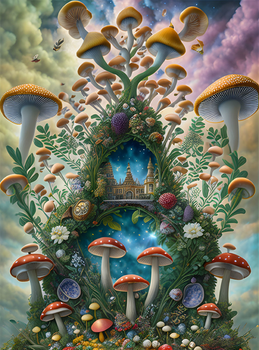 Surreal mushroom arch over cosmic portal with whimsical house