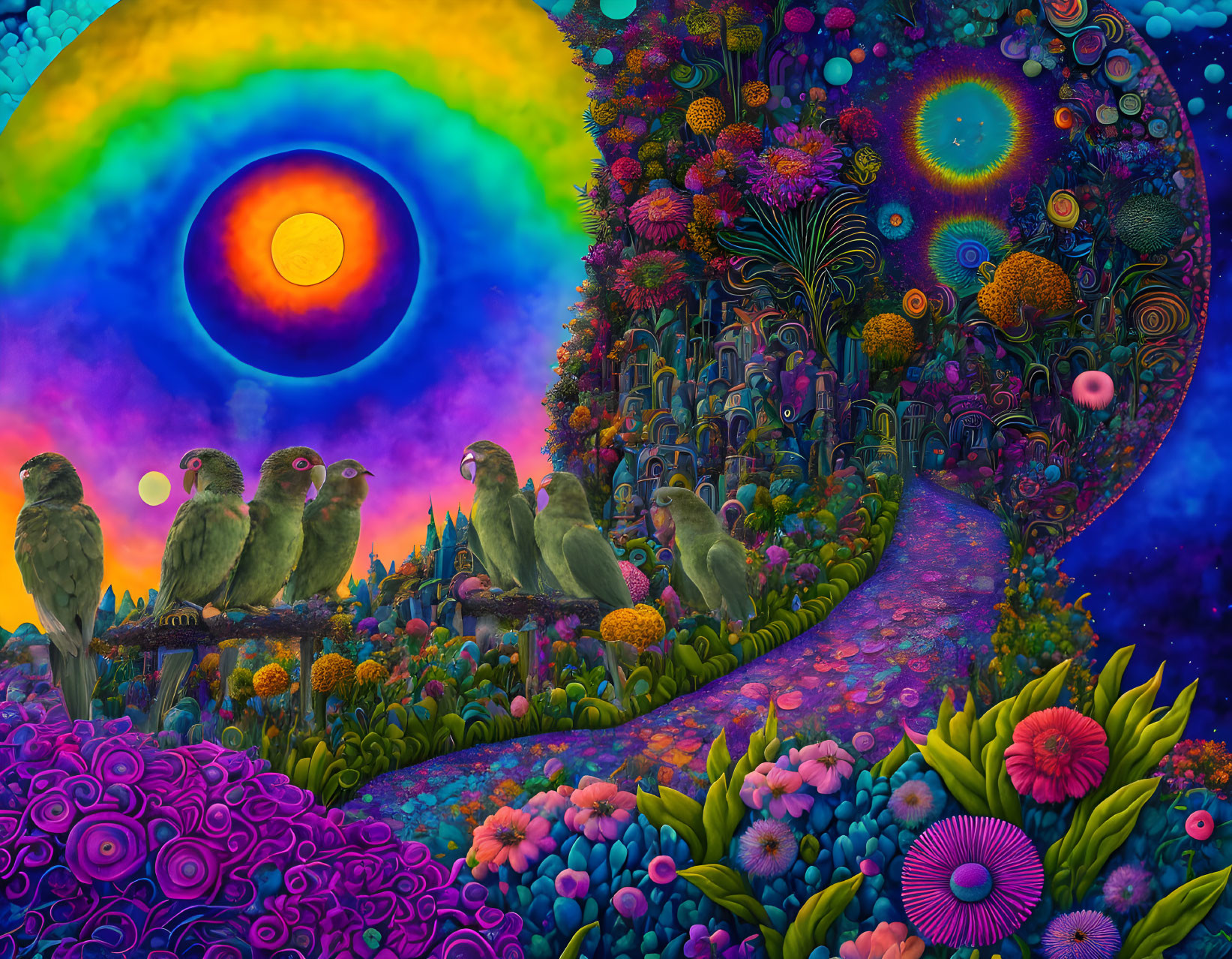 Colorful psychedelic artwork: Owls on floral path under patterned sky