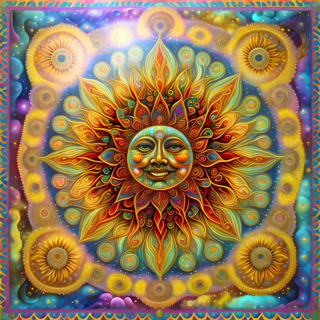 Colorful Stylized Sun with Human Face and Ornate Patterns on Psychedelic Background