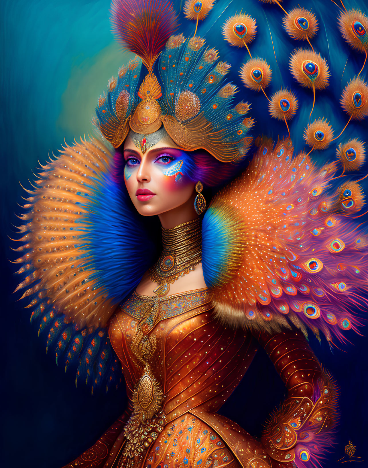 Ethereal woman with peacock feathers and golden jewelry