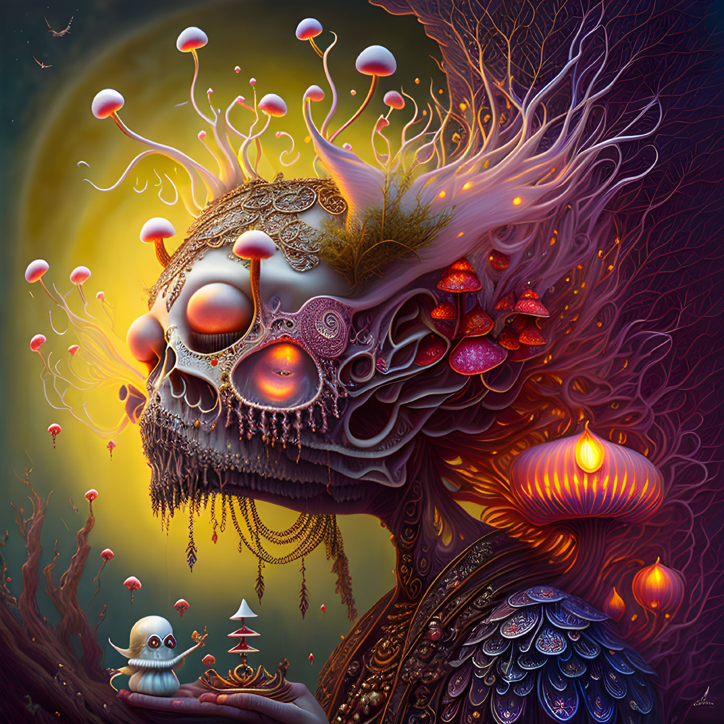 Surrealist painting: Skull with jewelry, feathers, jellyfish on warm backdrop