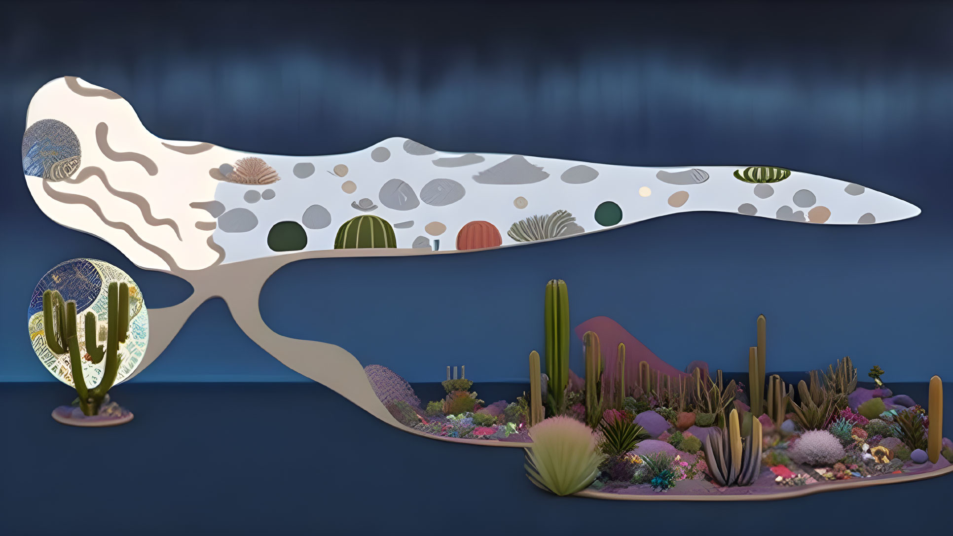 Whale Artwork Featuring Desert Ecosystem on Dark Blue Background