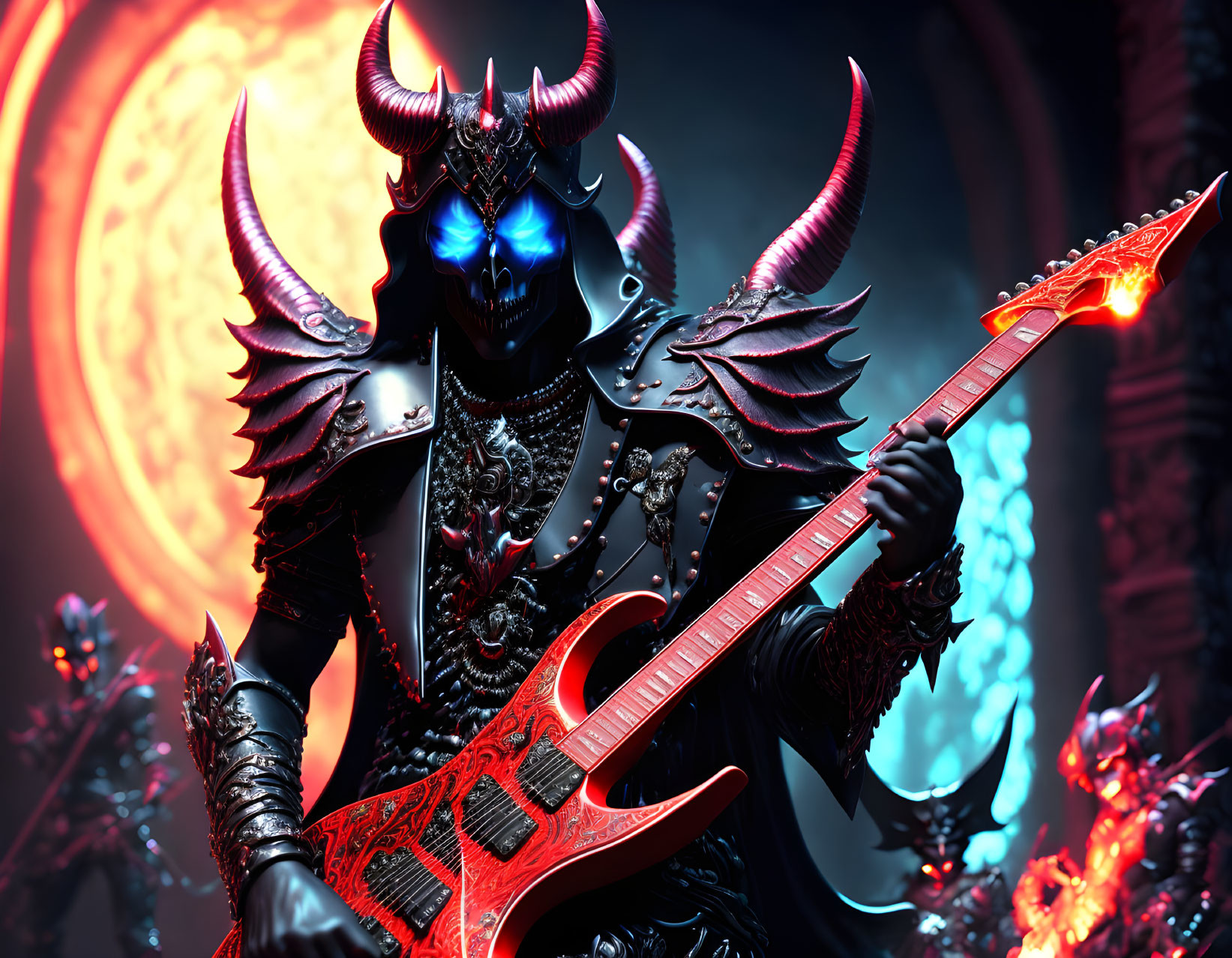 Sinister figure with glowing eyes and fiery guitar in moonlit scene