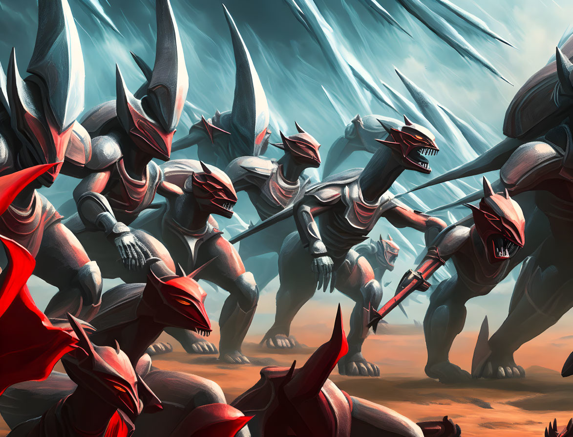 Armored dragon-like creatures with spears ready for battle under a meteorite-filled sky