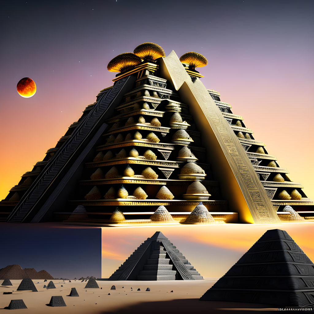 Futuristic pyramid with glowing golden mushrooms in desert landscape