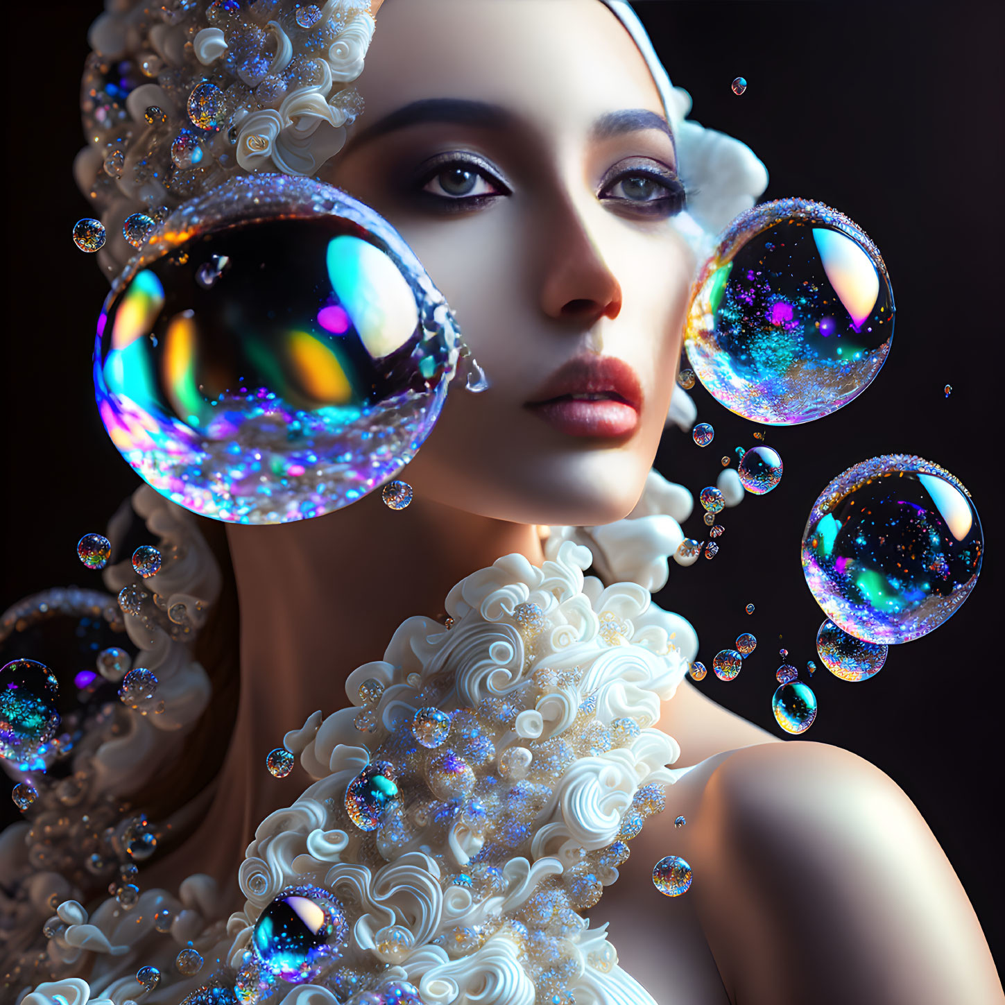 Digital Artwork: Woman with White Ruff Collar and Iridescent Bubbles