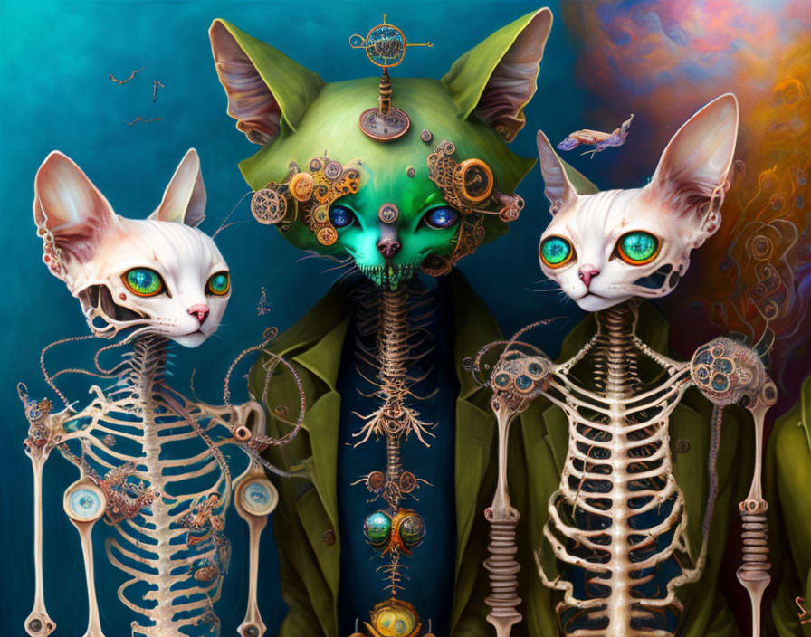 Stylized skeletal cats with mechanical elements on surreal blue background