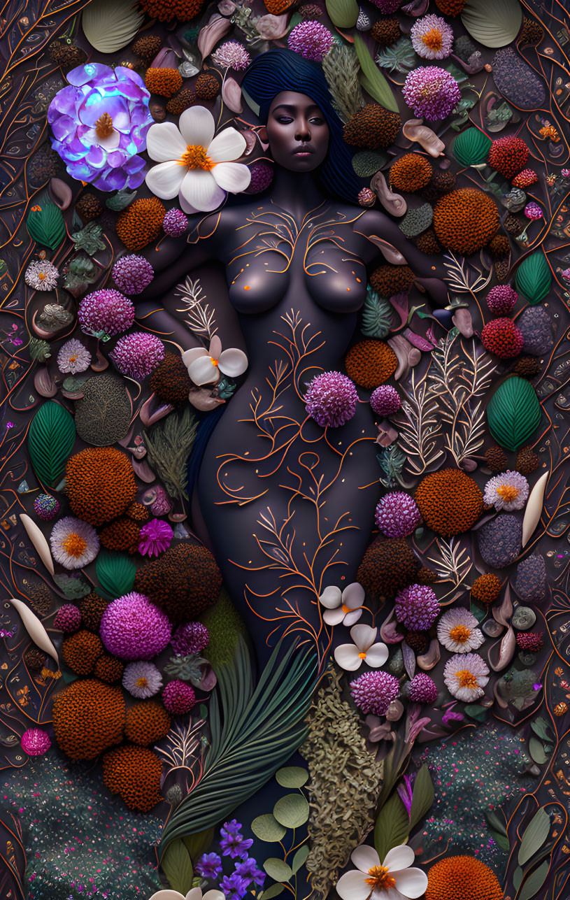 Symmetrical woman surrounded by rich flora in dark palette