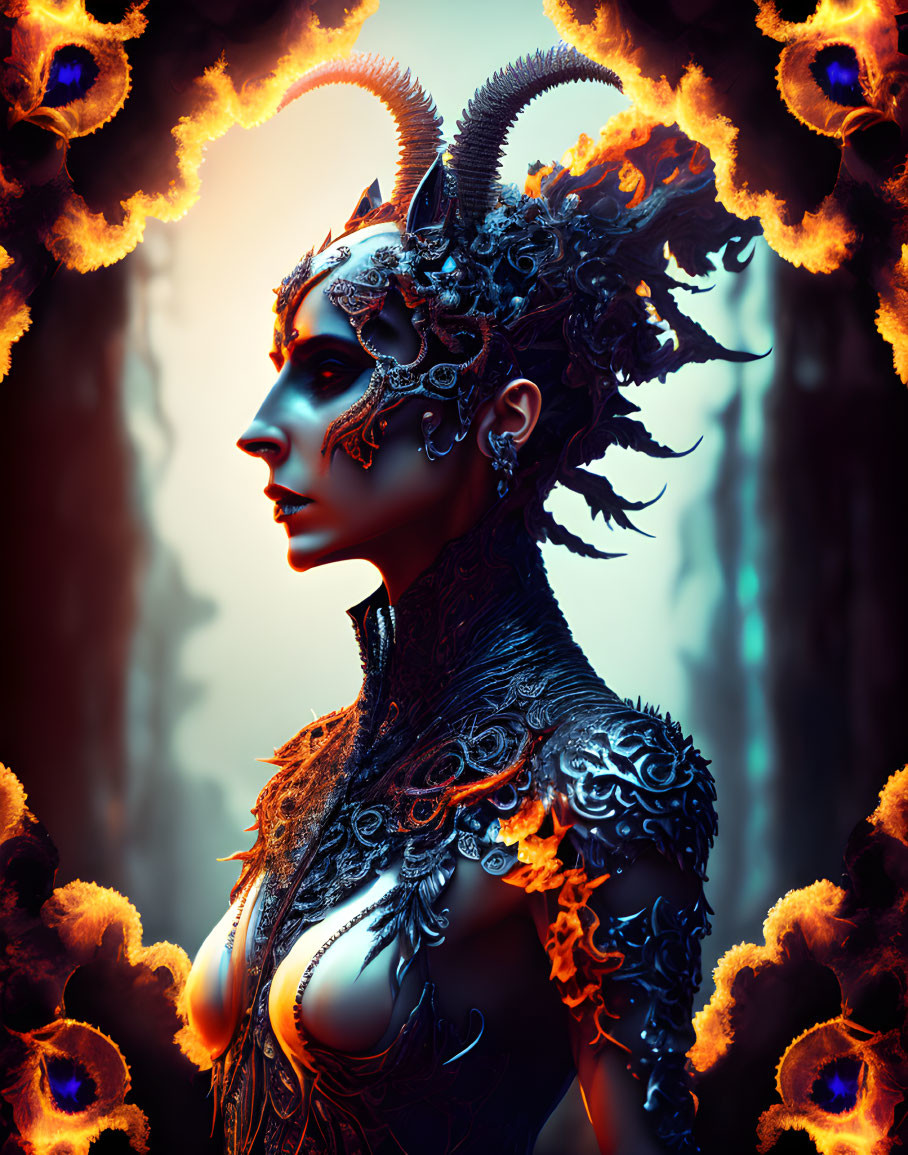 Digital artwork of female figure with ornate horns and metallic armor in mystical forest.