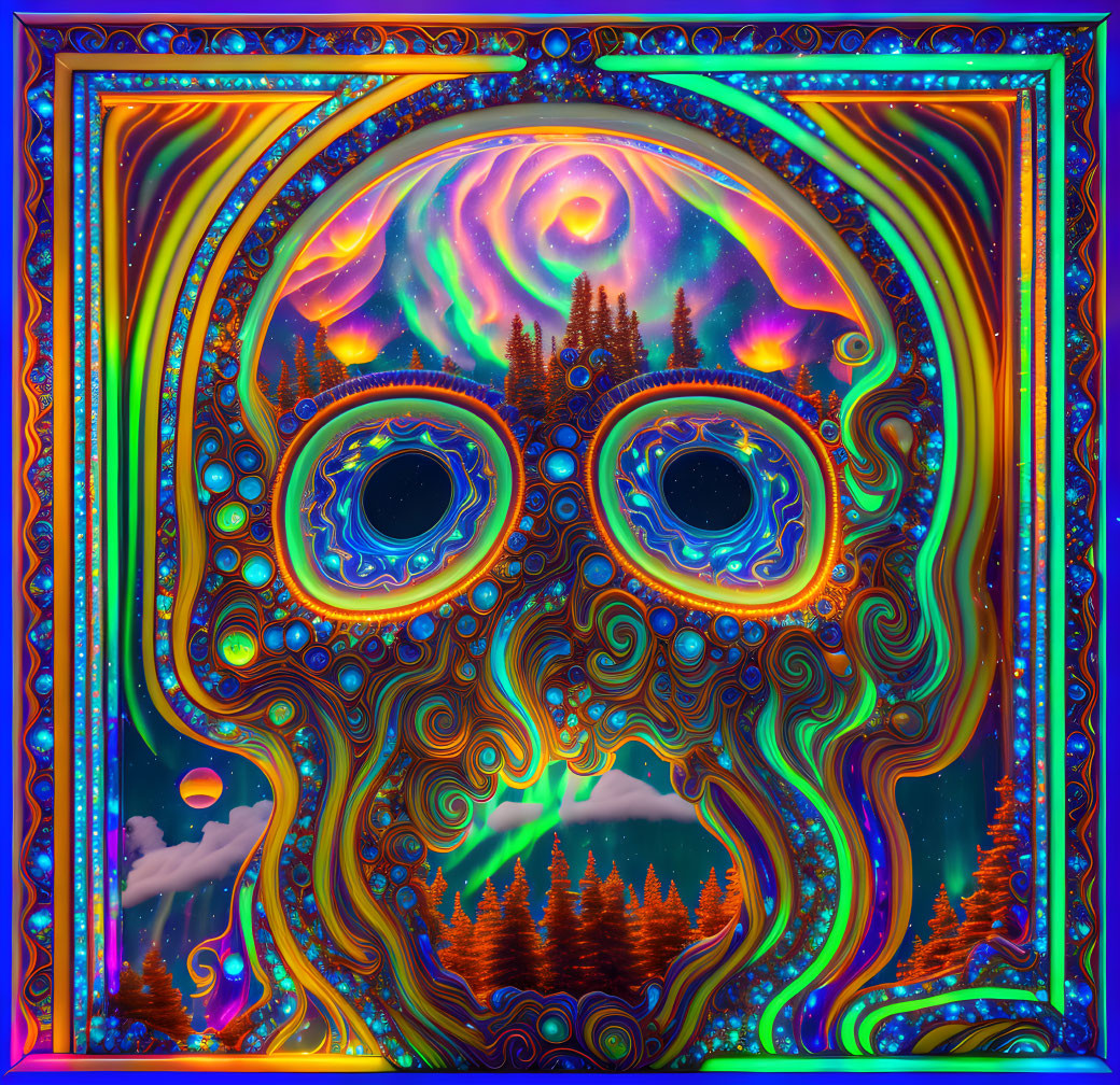 Colorful Psychedelic Skull Art with Swirling Patterns and Landscape Elements