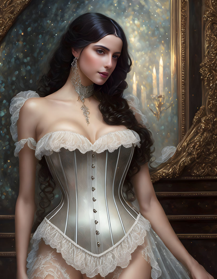 Digital artwork of woman in white corset with lace details, necklace, lit candle, and ornate