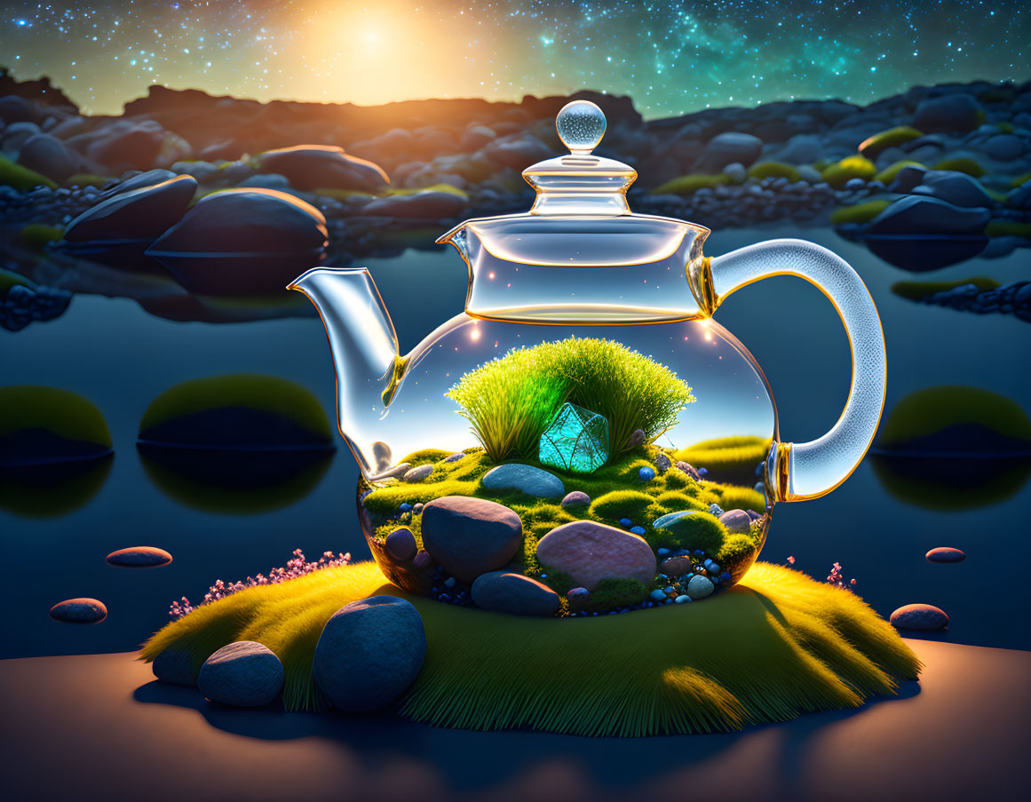 Transparent Teapot Mini Landscape with Green Hills and House under Starry Night Sky