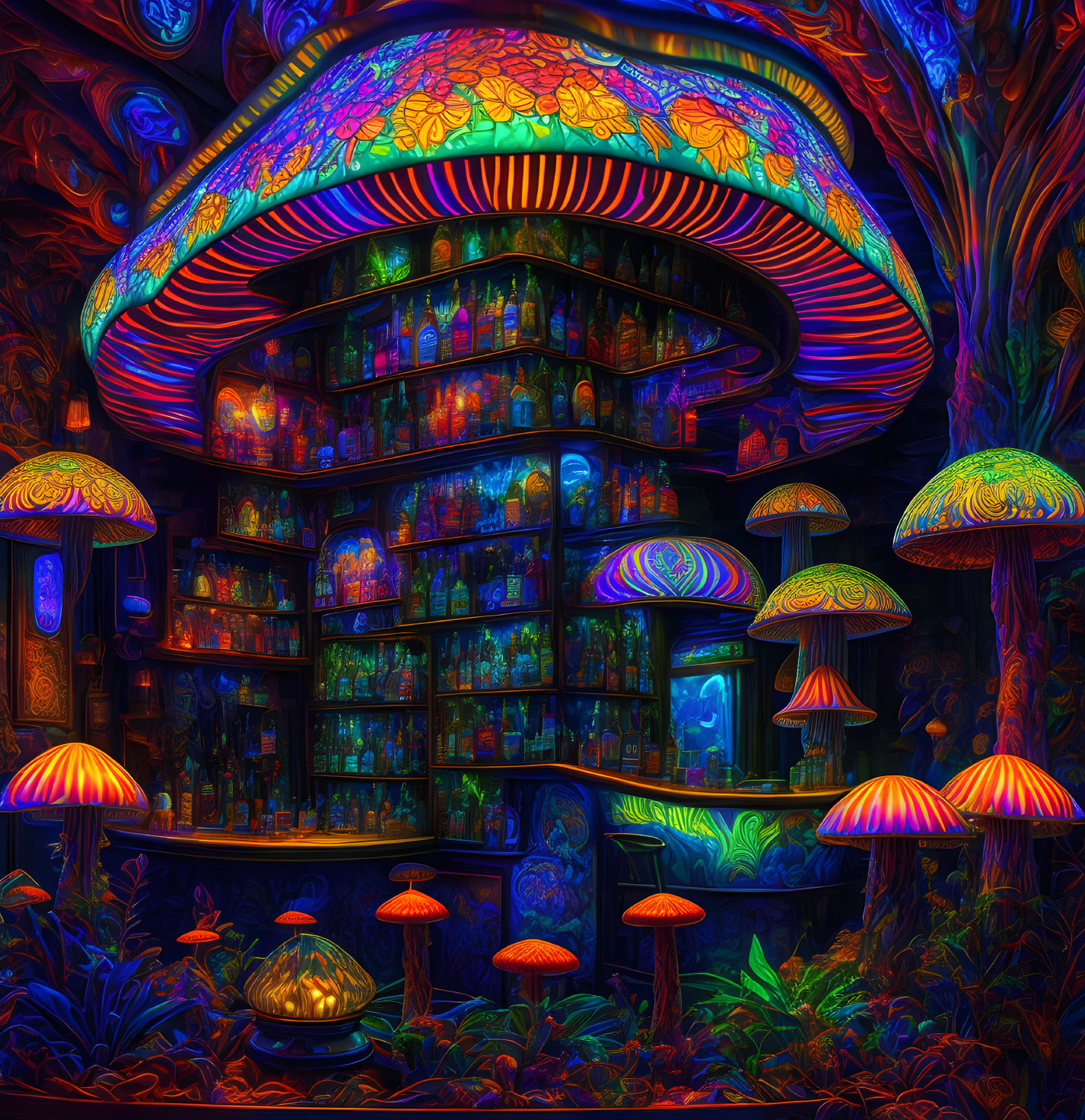 Fantasy mushroom bar with glowing bottles and fungi in enchanted forest