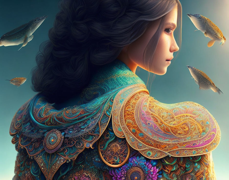 Colorful digital artwork of woman in ornate clothing with floating fish.