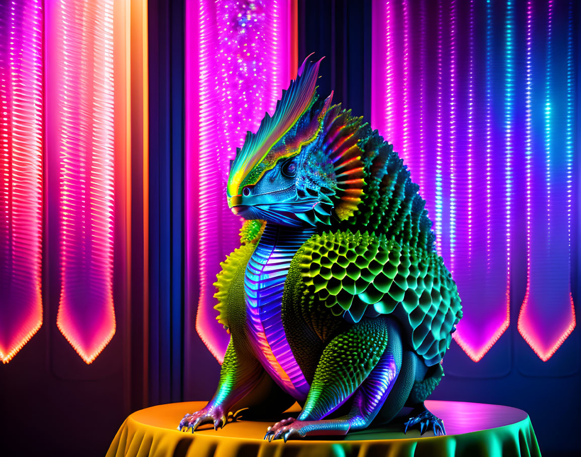 Colorful Dragon Figurine Against Neon Light Stripes