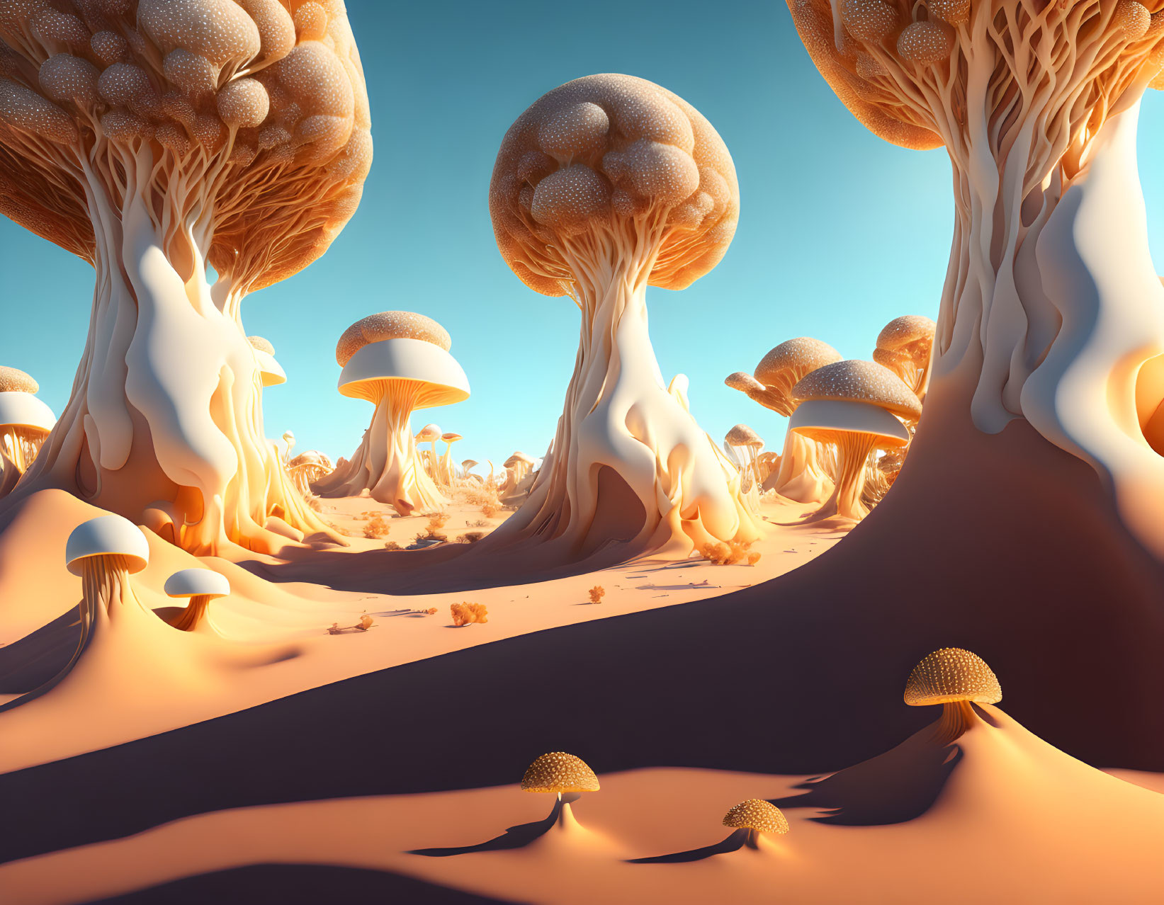 Surreal landscape featuring oversized mushroom-shaped trees on sandy terrain