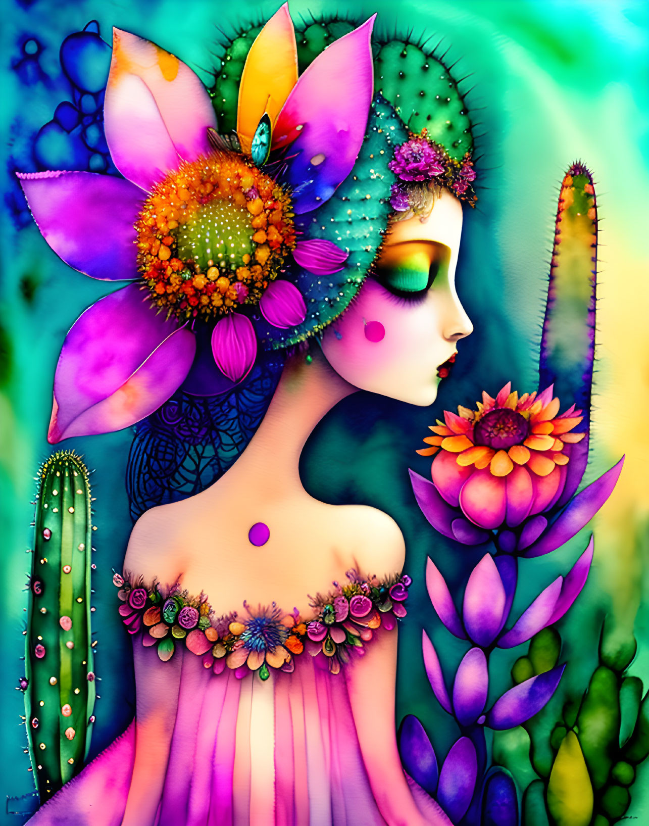 Colorful Woman Illustration with Floral and Cacti Motifs