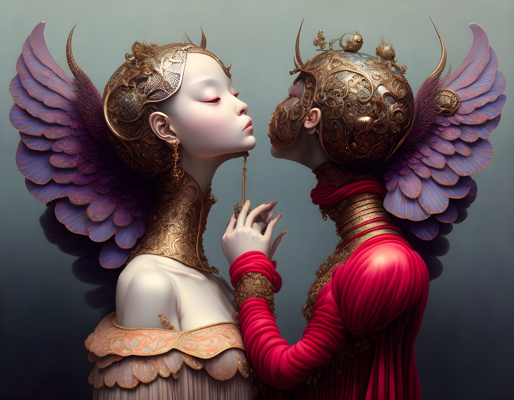 Fantastical Winged Figures Embracing in Surreal Scene