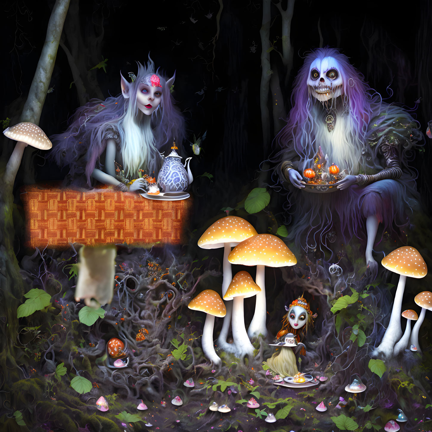 Fantastical creatures with teapot in mystical forest landscape