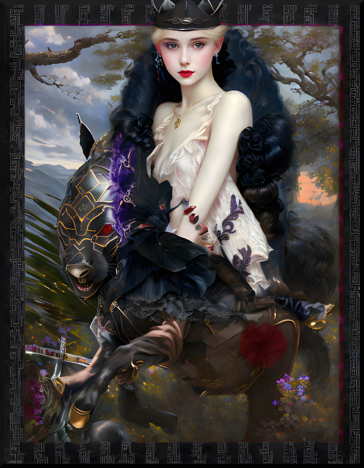 Illustrated woman in fantasy attire on horned creature in twilight landscape with Celtic border motifs