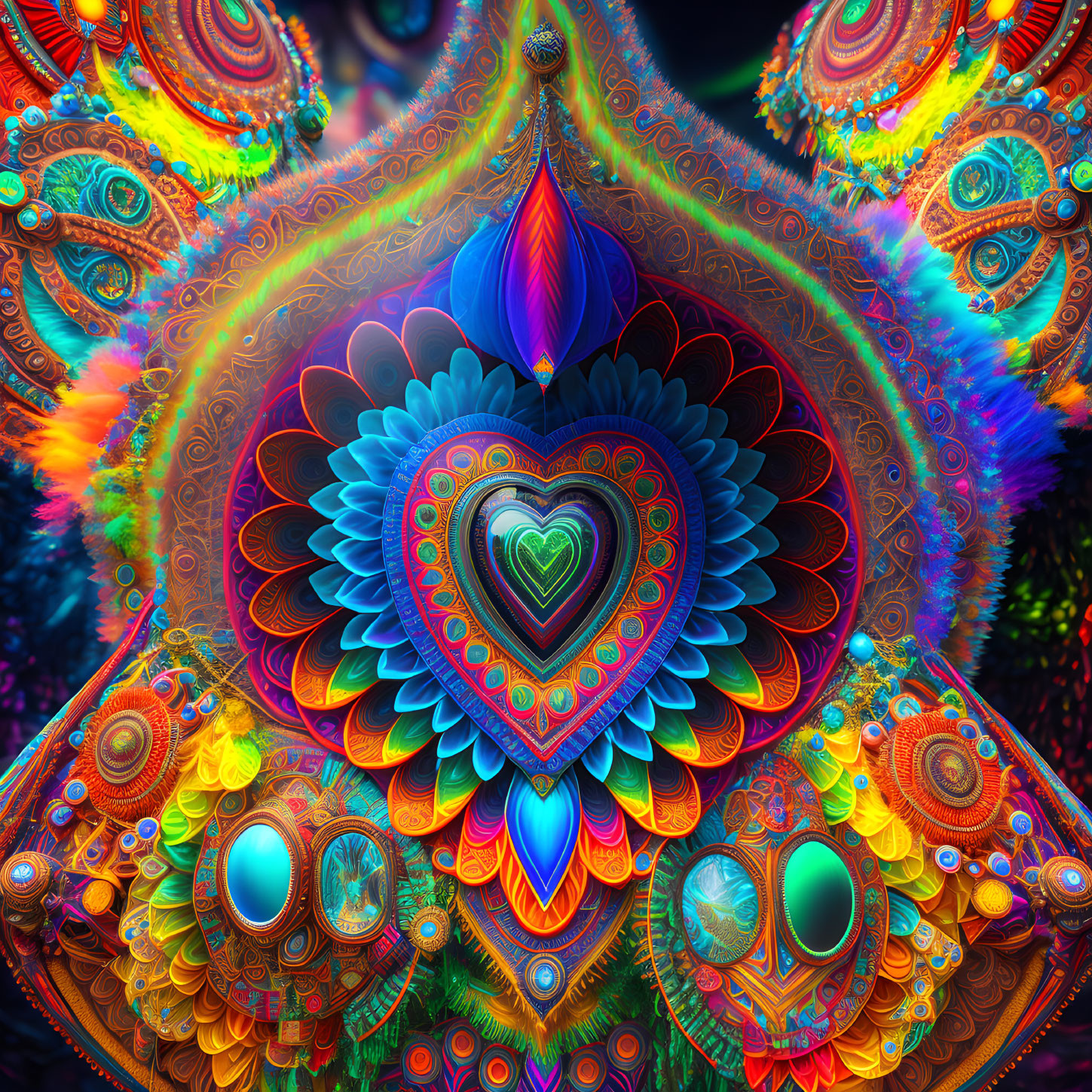 Colorful fractal art with heart and symmetrical patterns.