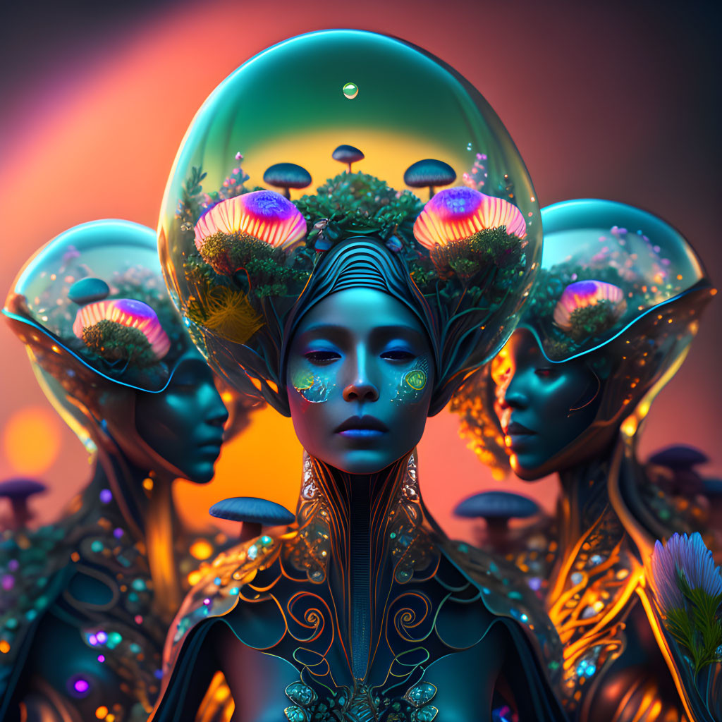 Surreal figures with jellyfish-like headdresses and aquatic flora on warm backdrop