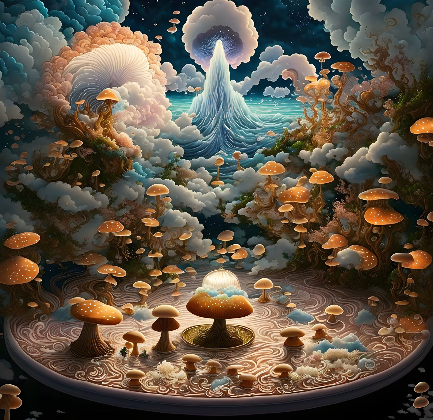 Surreal landscape with glowing mushrooms, tree-shaped clouds, and cascading waterfall