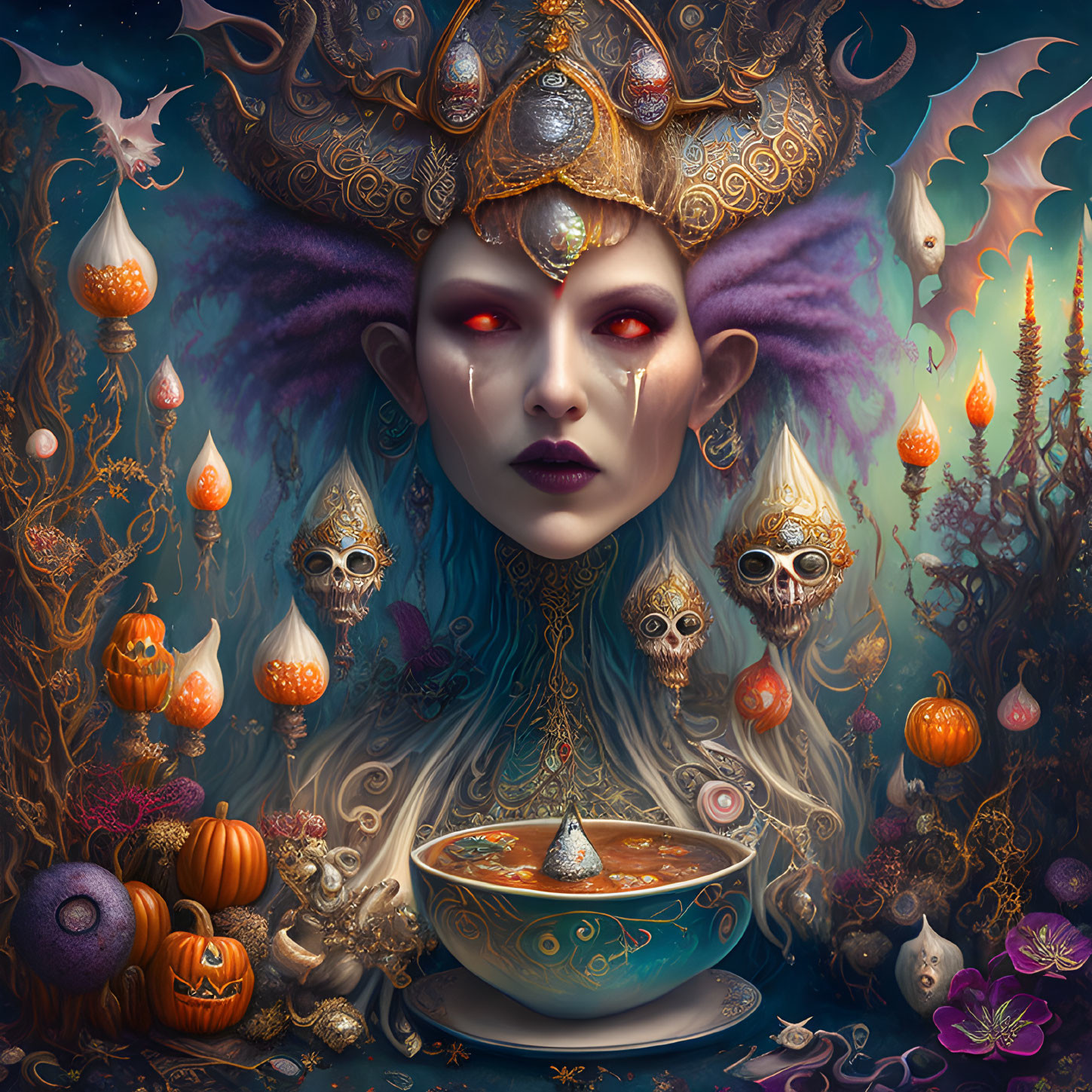 Intricate golden headdress, red eyes, purple hair, pumpkins, skulls, potion on