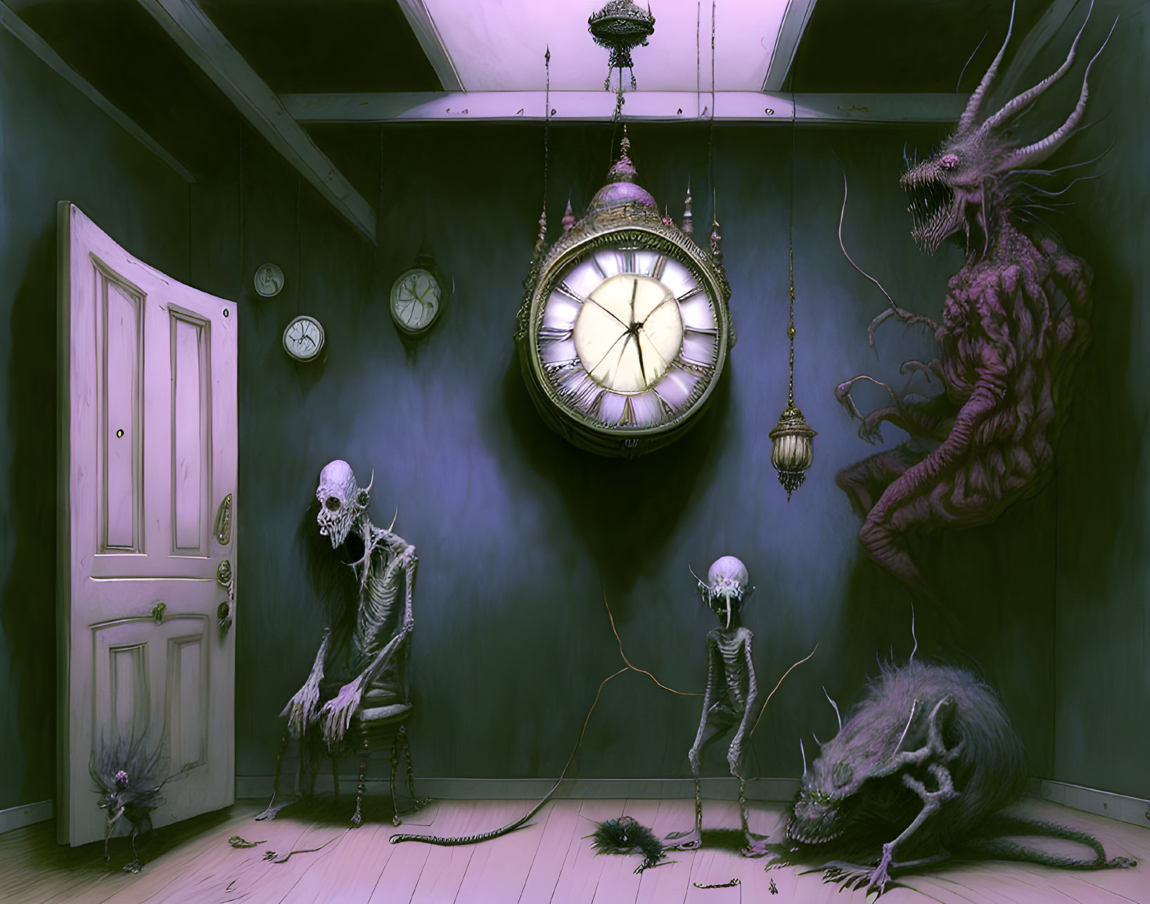 Spooky room with skeleton, creature, and clocks.