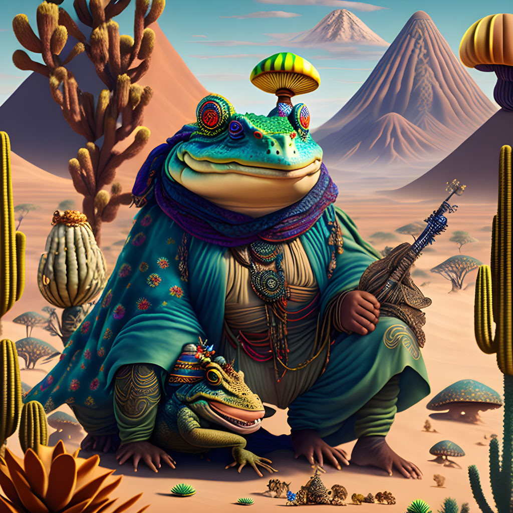 Colorful anthropomorphic frog playing instrument in desert landscape