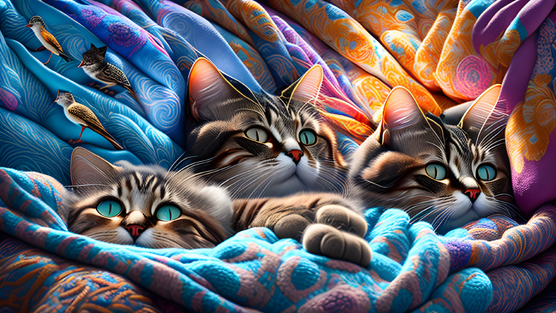 Three cats with striking blue eyes among colorful quilts and small birds nearby