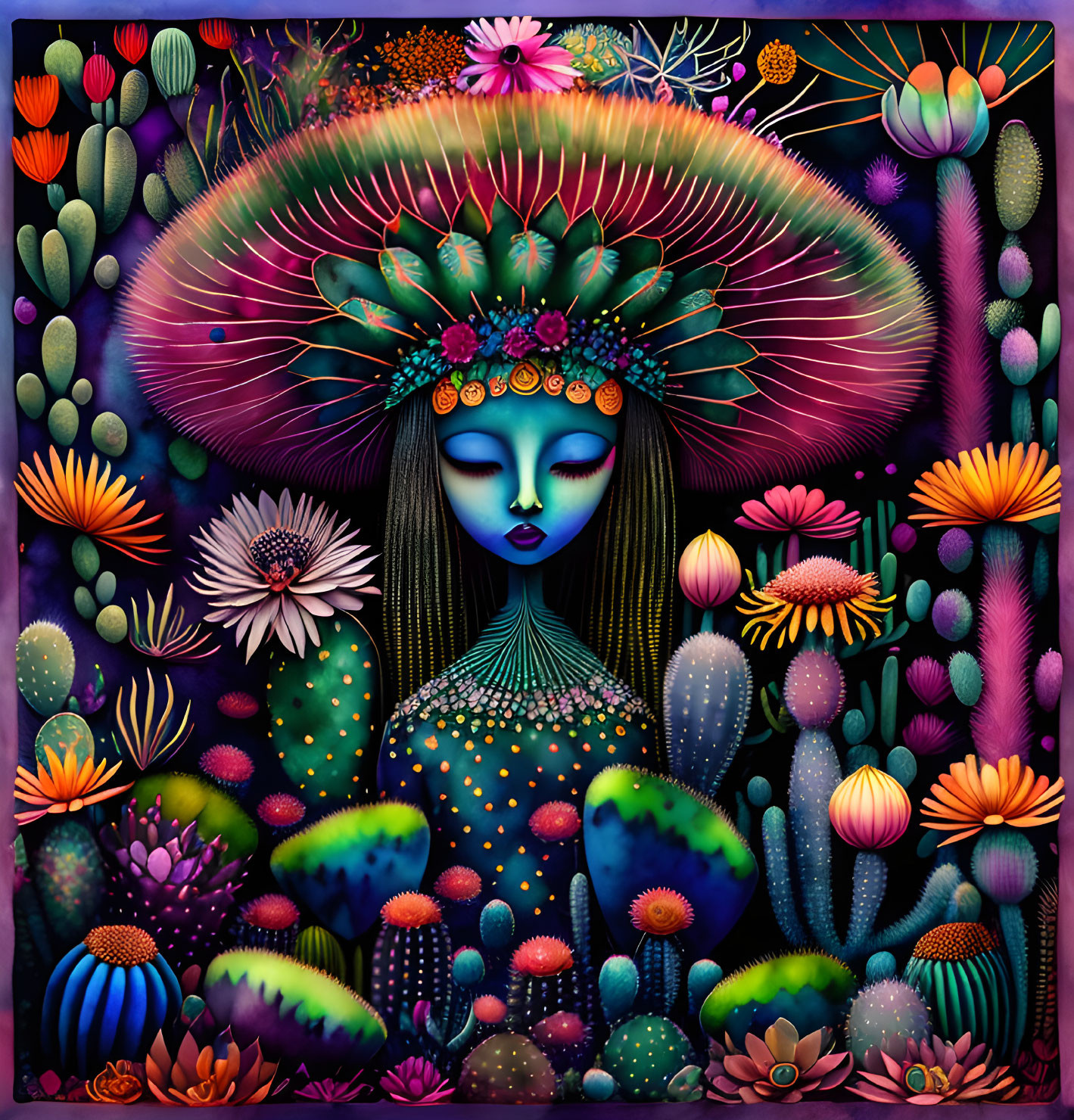 Colorful artwork: mystical figure with floral headpiece among cacti and flowers