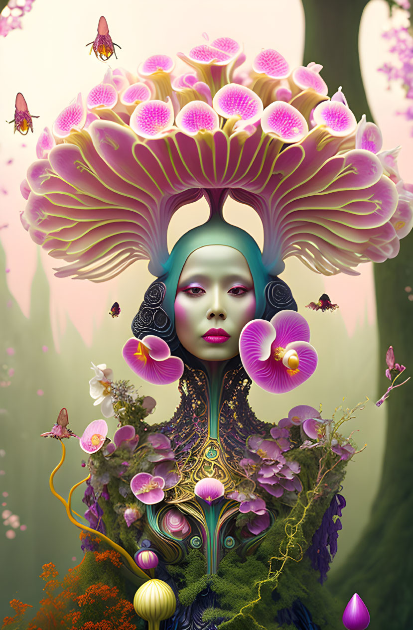 Surreal portrait of woman merged with nature and bees in dreamy woodland