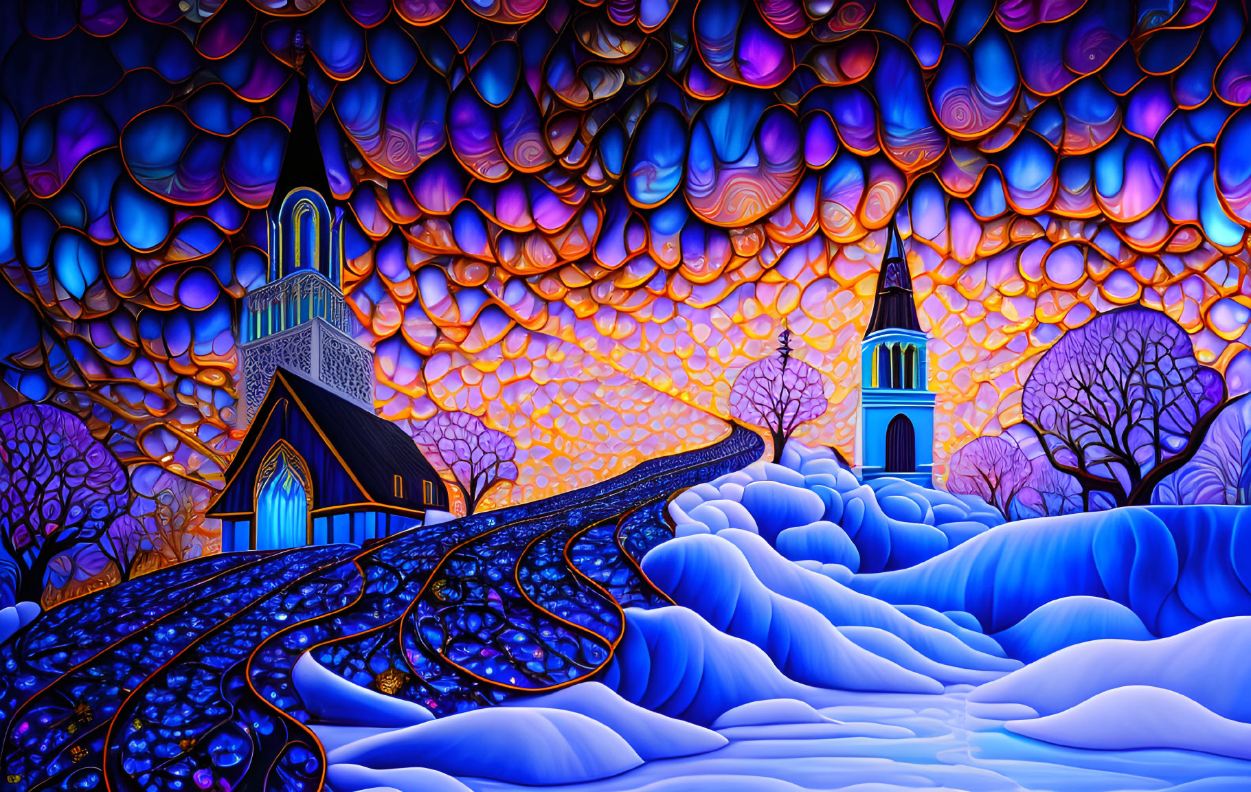 Colorful surreal landscape with churches, pathway, and whimsical sky