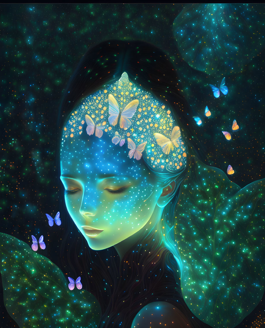 Blue-skinned female figure surrounded by butterflies and cosmic leaves on starry backdrop