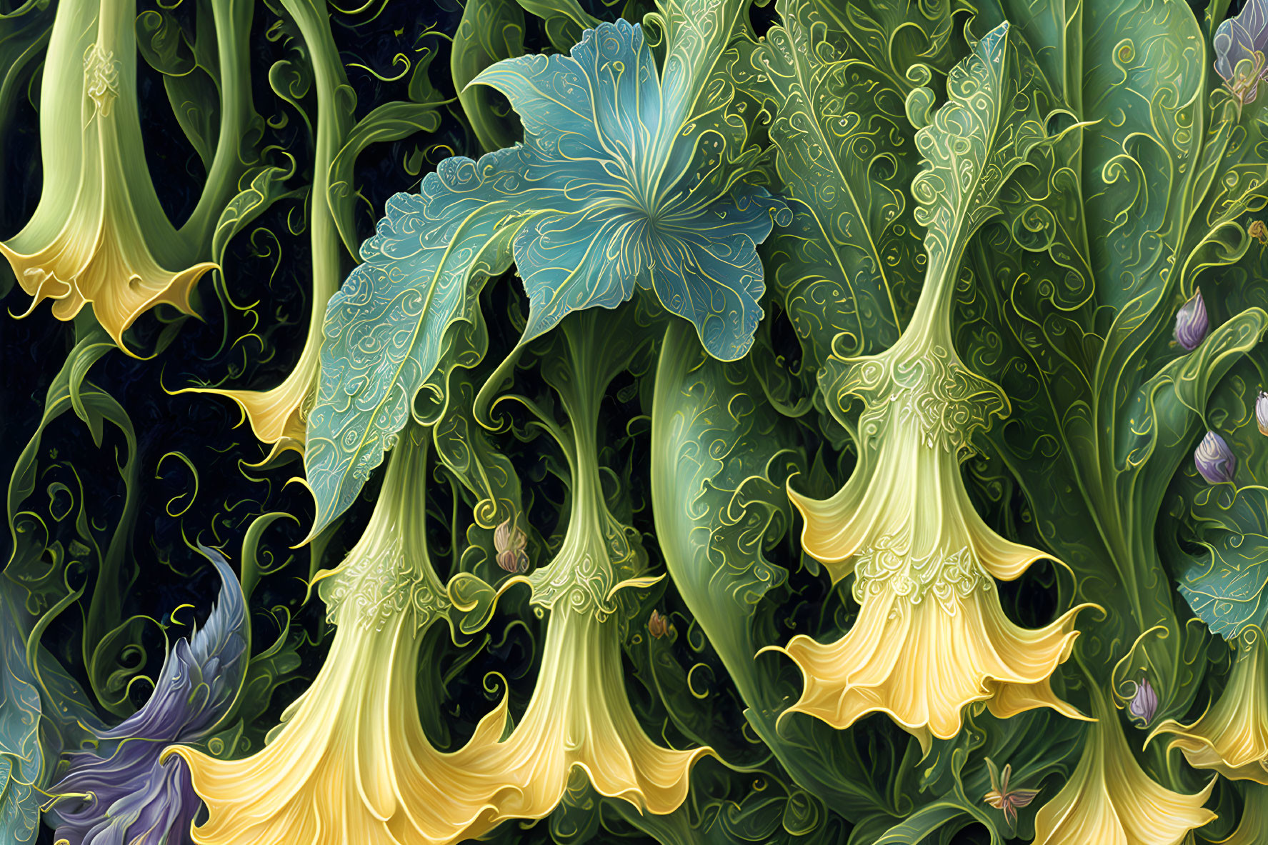 Detailed Stylized Flora Illustration in Green and Blue with Trumpet-Shaped Flowers