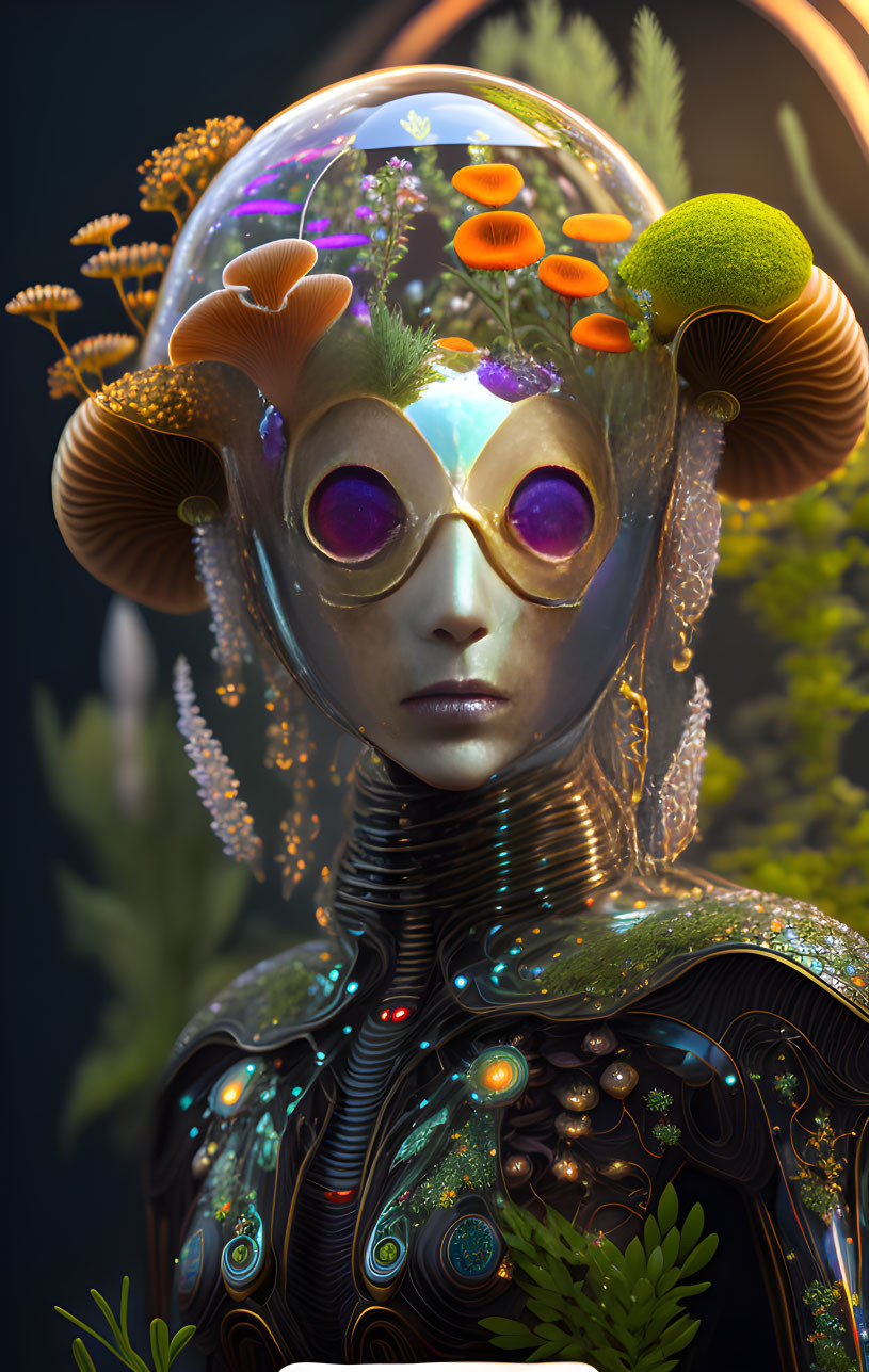 Futuristic humanoid with alien-like appearance and plant-filled helmet