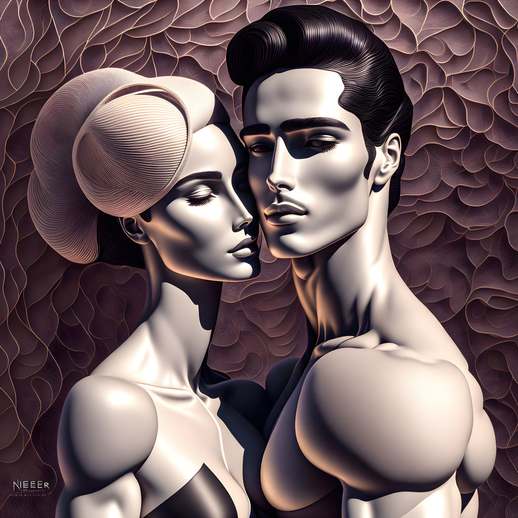 Stylized digital portrait of man and woman with exaggerated features and sleek hairstyles on textured backdrop