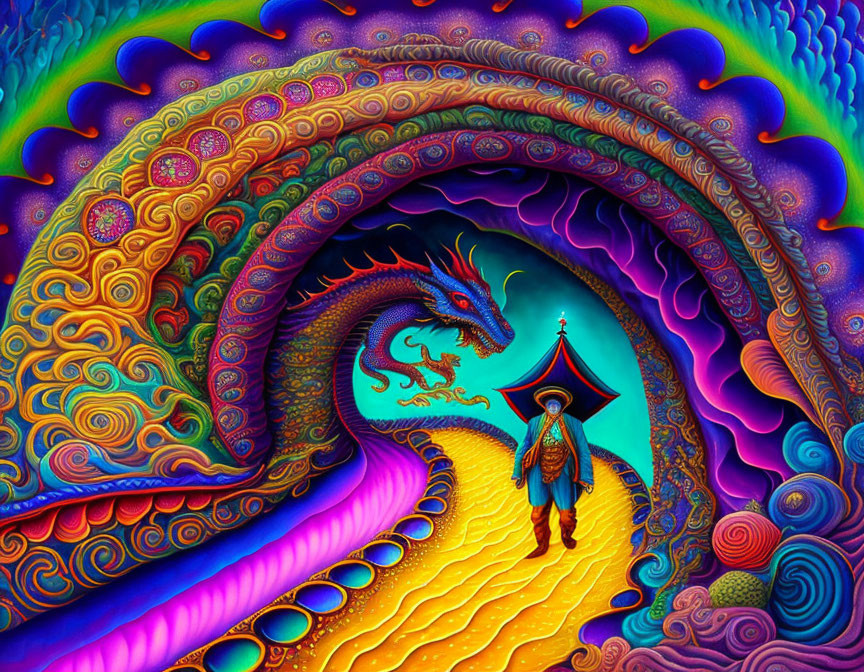 Colorful Psychedelic Art: Person in Eastern Attire with Majestic Dragon