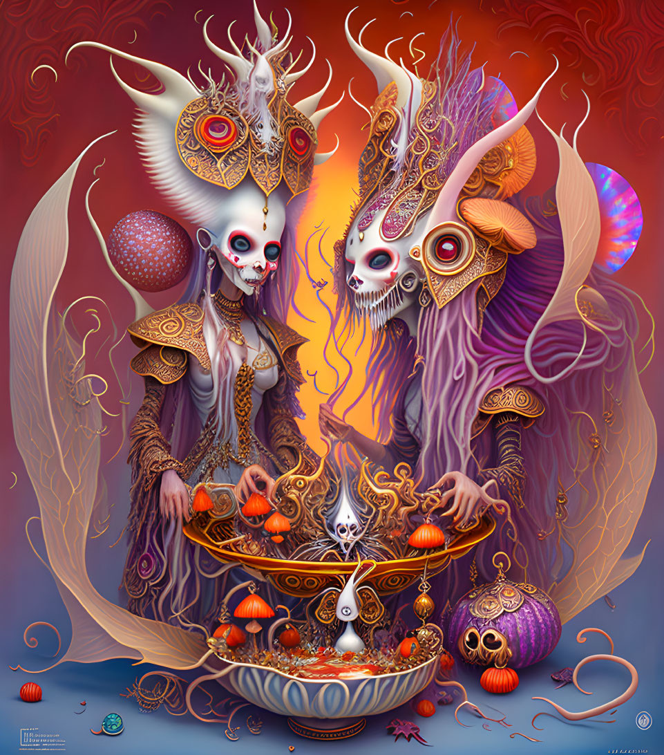 Fantastical creatures with skeletal faces and ornate adornments in vibrant colors.