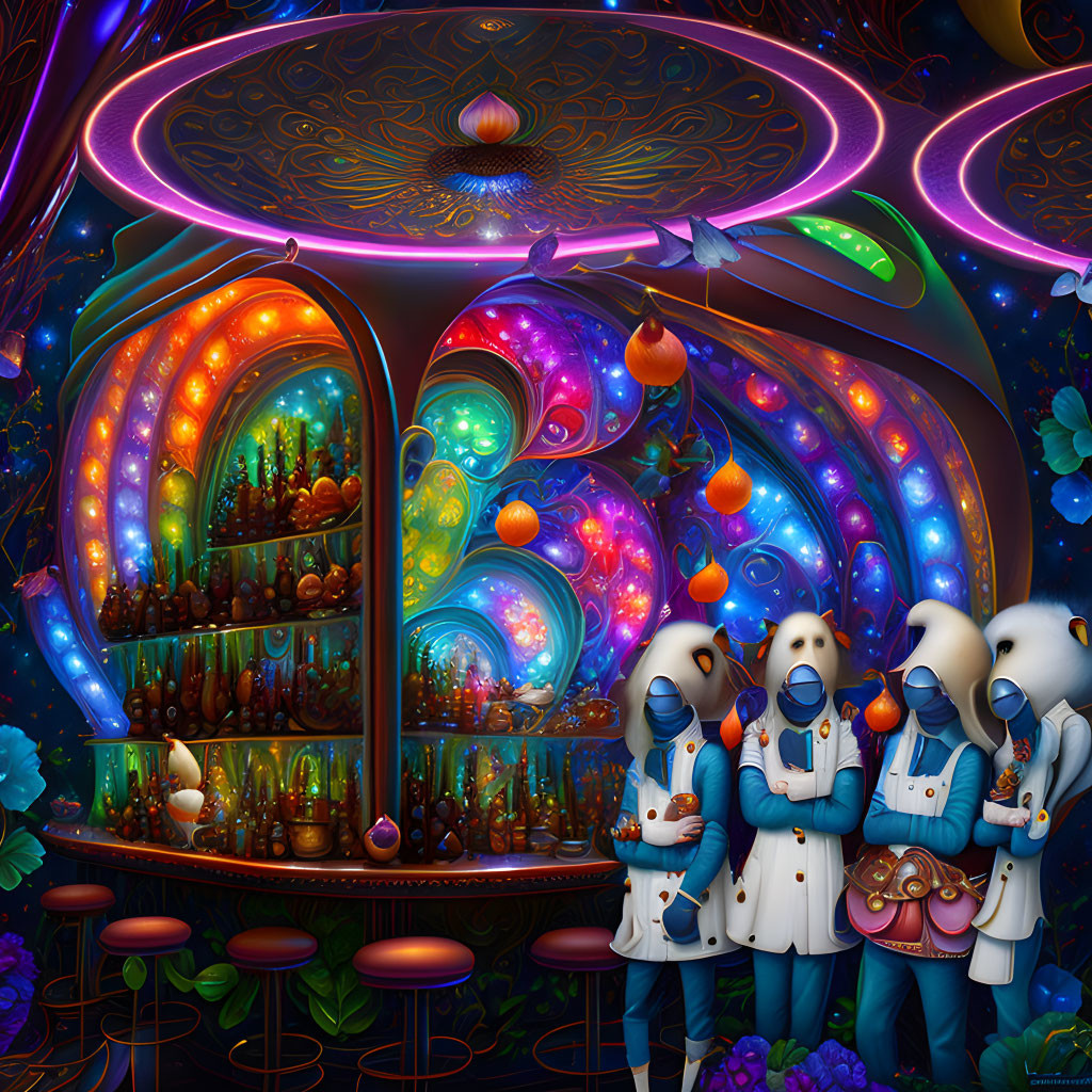 Colorful cosmic bar with astronaut figures