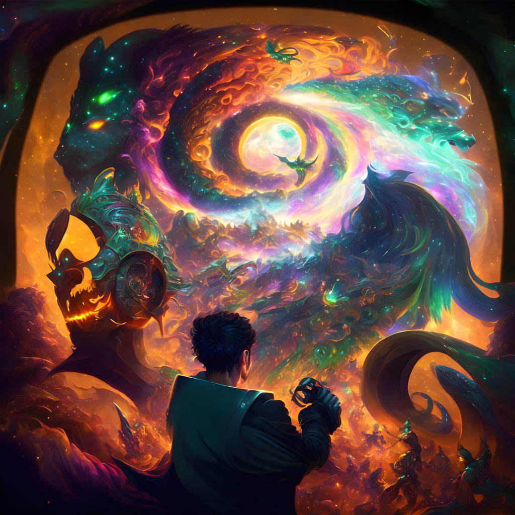 Vibrant cosmic dragon swirling in space with vivid colors