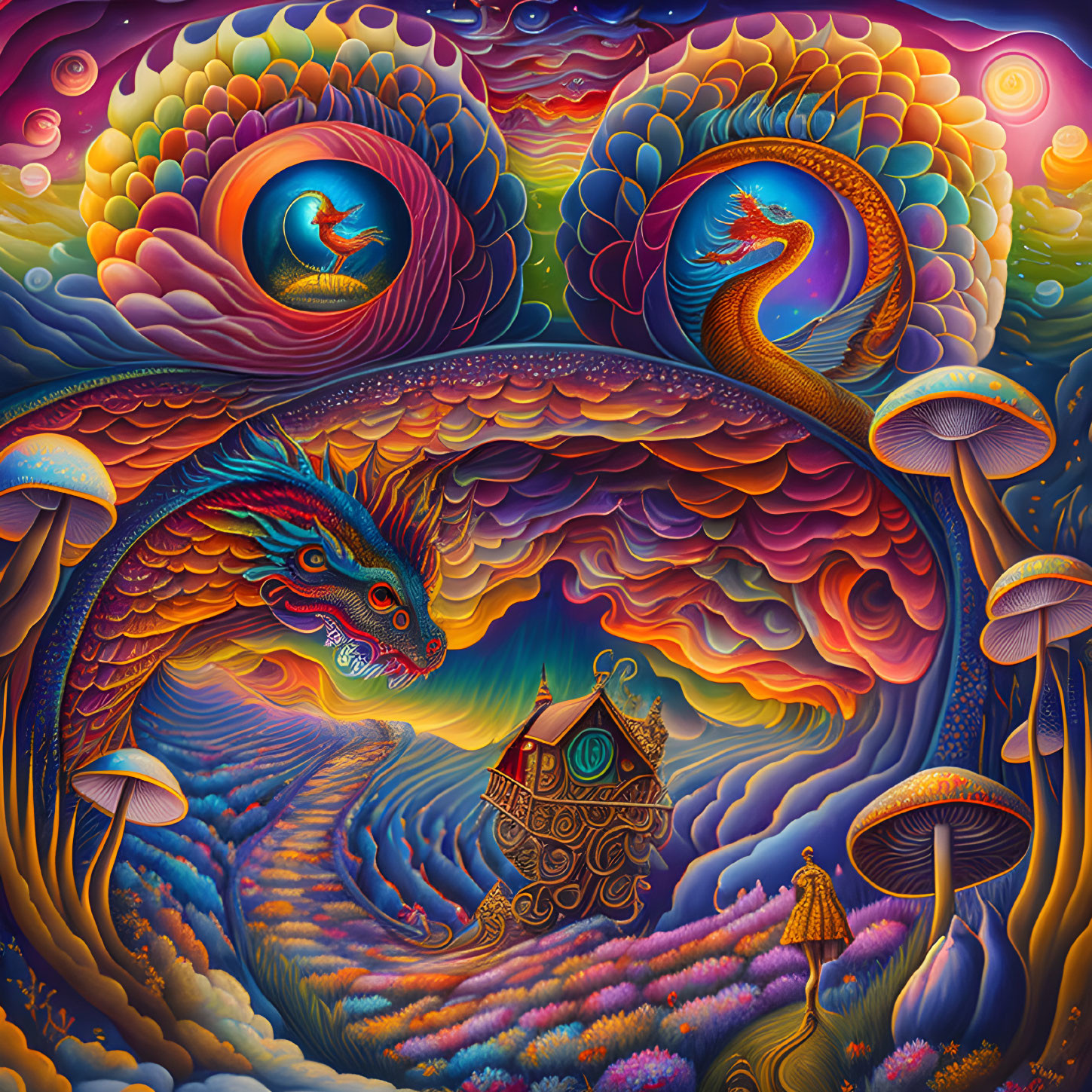 Colorful dragon fantasy illustration with swirling skies and oversized mushrooms