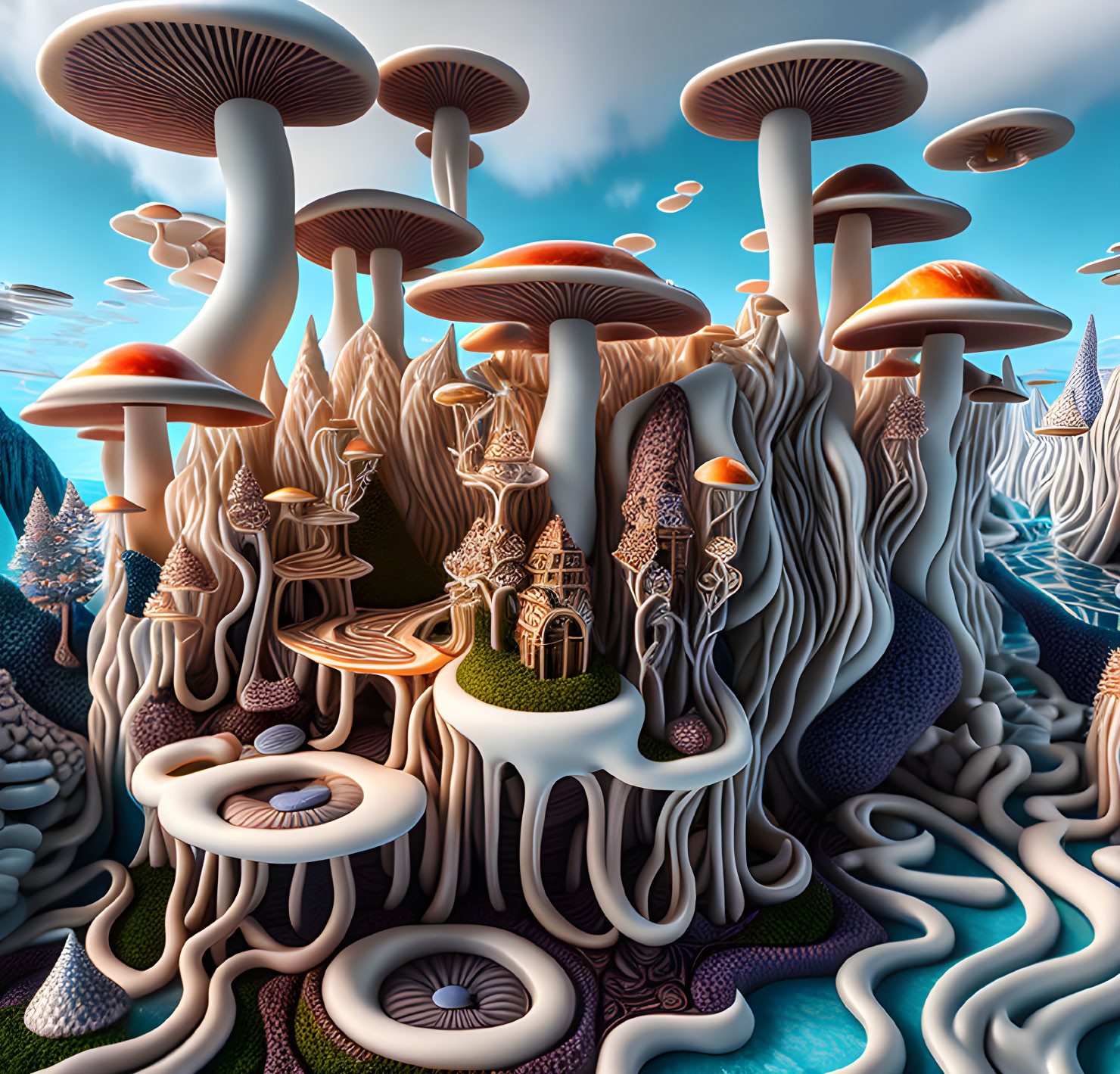 Surreal landscape with oversized mushrooms and tree-like structures