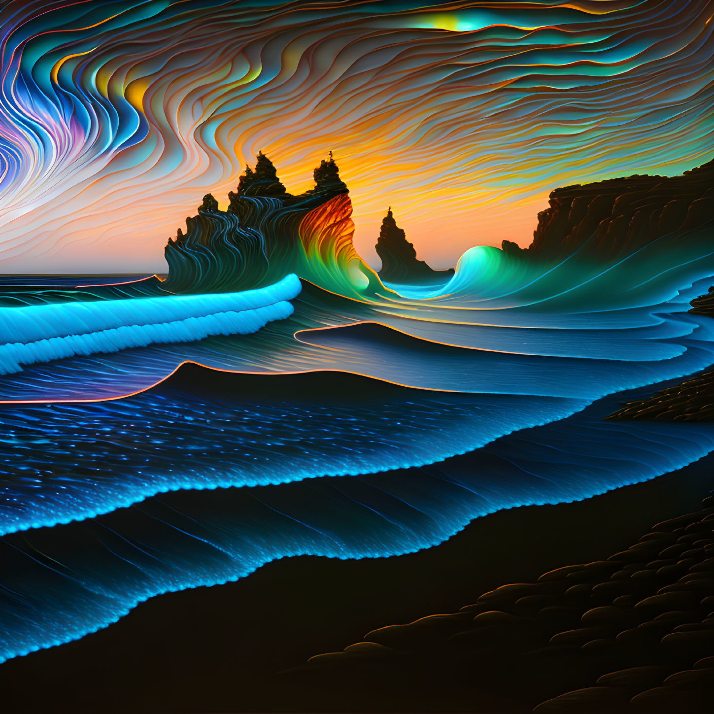 Vibrant surreal landscape with fluid, layered lines and psychedelic colors