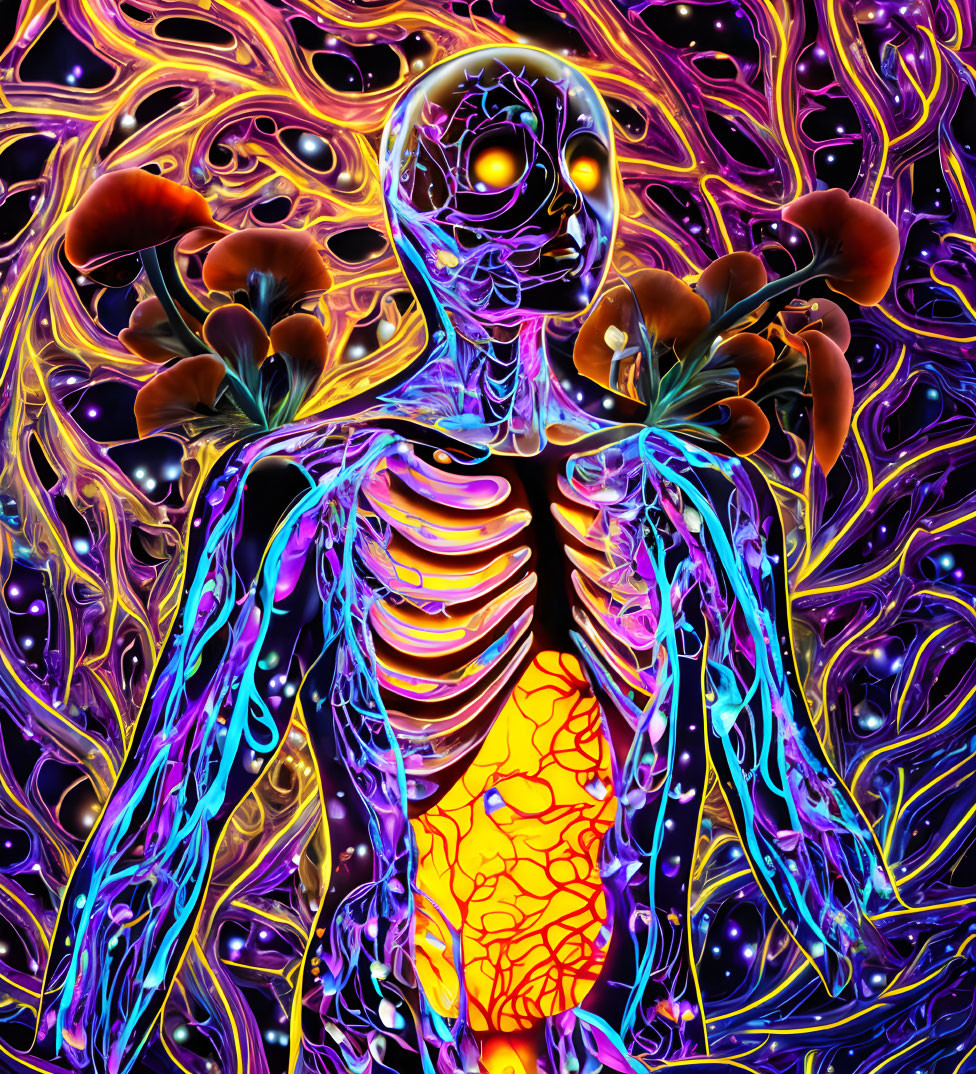 Vivid Abstract Digital Artwork with Neon-like Skeleton Figure