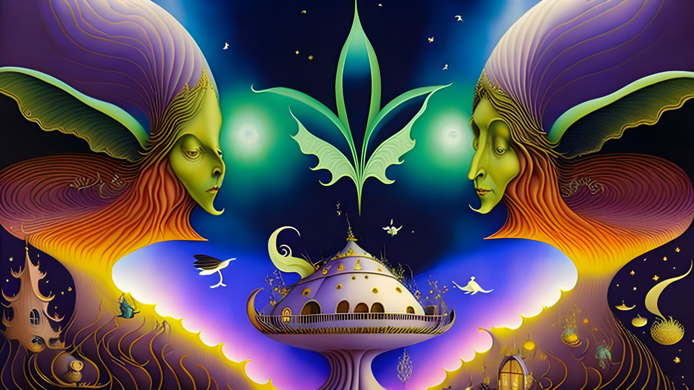 Symmetrical faces and whimsical building in fantasy illustration