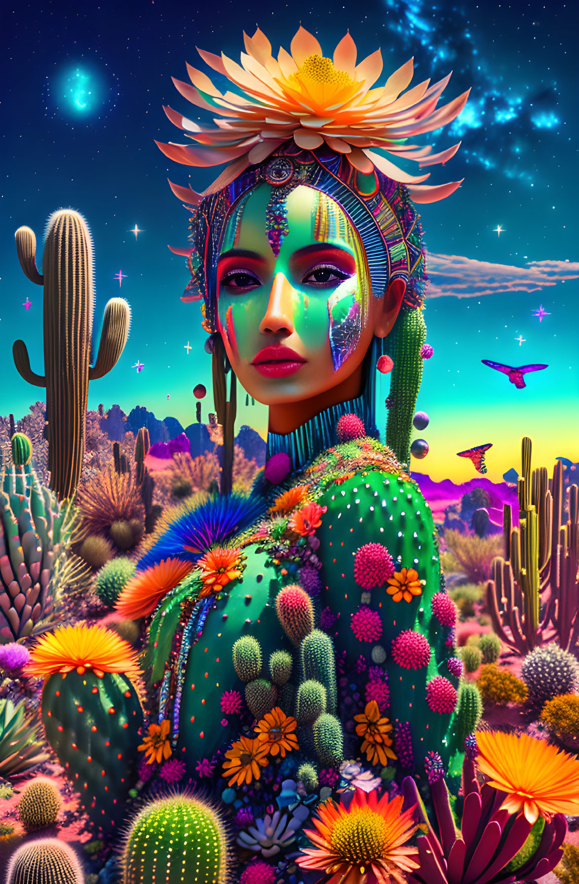 Colorful woman with cactus and floral headpiece under starry sky