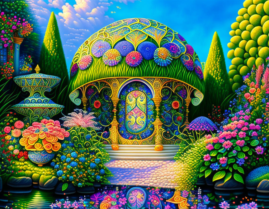 Colorful Fantasy Garden with Domed Dwelling & Water Feature